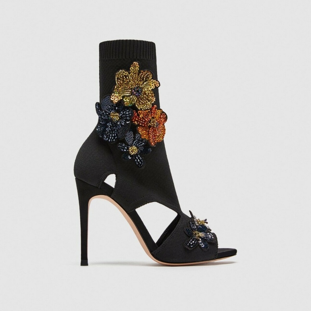 Zara Black Ankle Boots with Floral Embellishments